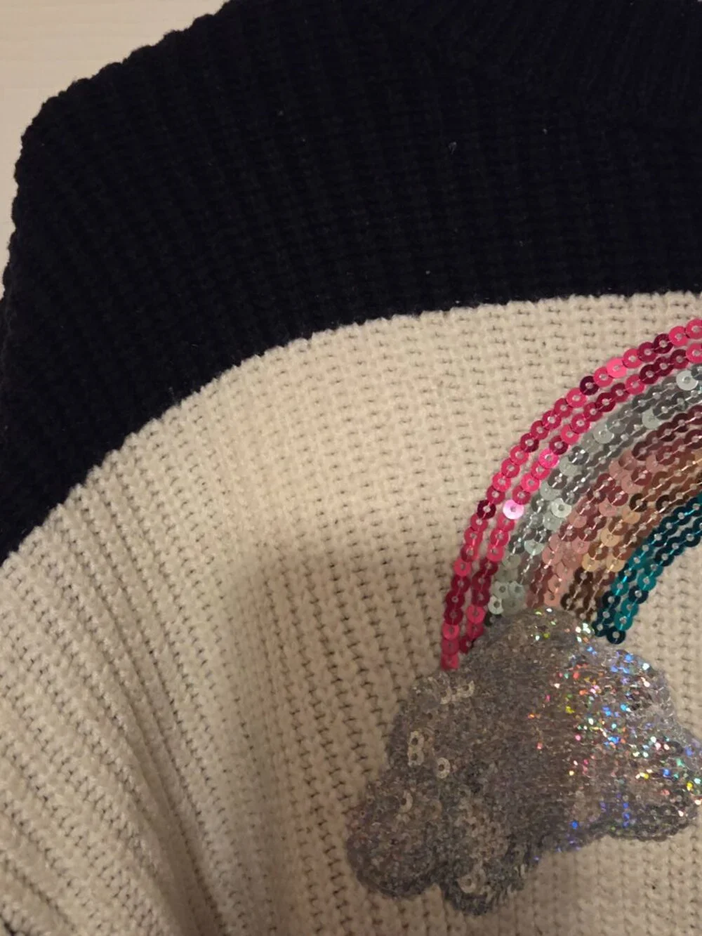 Justice Black and White Checkerboard Sequin Rainbow Sweater — Girls Size Large (
